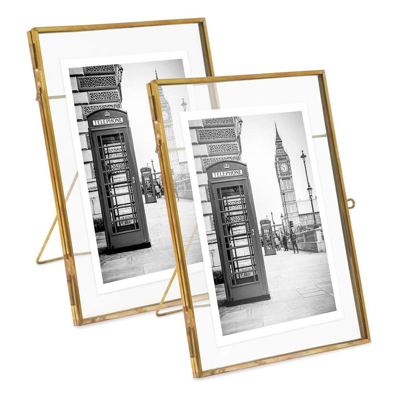 Isaac Jacobs 5x7 (2-Pack), Antique Gold, Vintage Style Brass and Glass, Metal Floating Picture Frame (Vertical) with Locket Closure, for Photos, Art, & More, Tabletop Display (5x7 Antique Gold) - Image 1